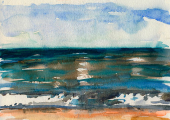 Watercolor sketch of the waves of the sea.