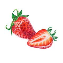 Watercolor red juicy strawberry with half berry. Food background, painted bright composition. Hand drawn food illustration. Fruit print. Summer sweet fruits and berries.