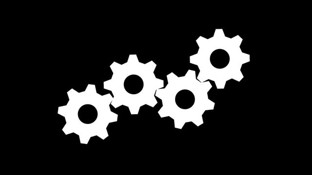 4 white gears spinning. Group of gears. Alpha channel