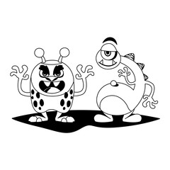 funny monsters couple comic characters monochrome