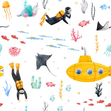 Watercolor underwater submarine vector pattern