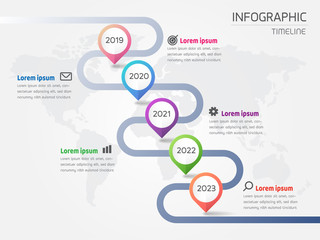 Infographic timeline roadmap on world map grey background