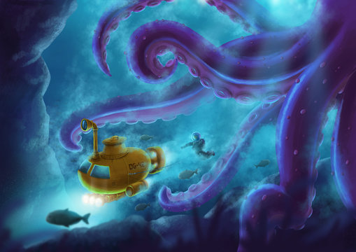 U-Boot mit Krake unter Wasser