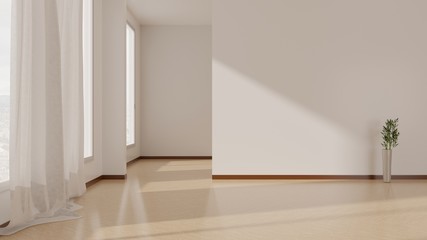 Home empty interior with sunlight. Cozy room with wooden floor. 3D rendering.