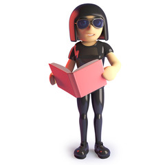 Cool goth girl reading a book for her studies, 3d illustration