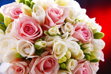 Composition with bouquet of freshly cut flowers