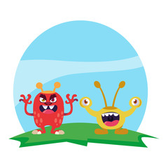 funny monsters couple in the field characters colorful