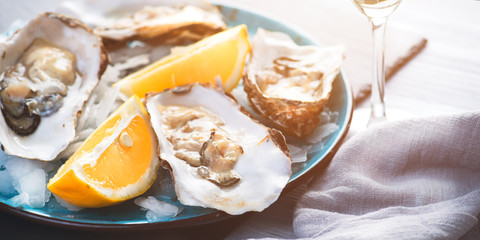 Fresh Oysters closeup, served with oysters, lemon and ice. Healthy seafood. Oyster dinner in restaurant. Gourmet food