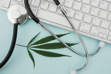 Conceptual order online. The concept of medicine. keyboard, hemp. treatment of patients. marijuana leaf