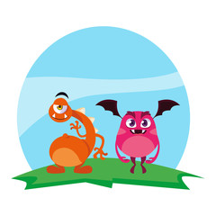 funny monsters couple in the field characters colorful
