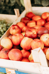 Counter with grapes, peaches and watermelons. Fruit market in Montenegro, Kotor.