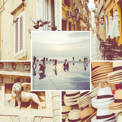 Collage of popular tourist destinations in Zadar. Croatia. Travel background.