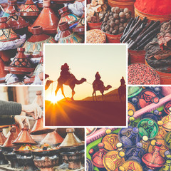 Collage of popular tourist destinations in Morocco. Travel background.