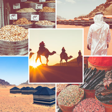 Collage of Wadi Rum Desert - Red Desert ( Jordan ) - travel background (my photos).