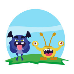 funny monsters couple in the field characters colorful