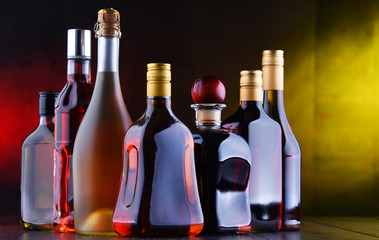 Bottles of assorted alcoholic beverages.
