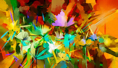 Obrazy  Abstrakcyjny kolorowy obraz olejny, akrylowy wiosenny kwiat. Ręcznie malowane pociągnięcia pędzlem na płótnie. Ilustracja obraz olejny kwiatowy na tle. Nowoczesne obrazy artystyczne kwiaty z żółtym, czerwonym kolorem.