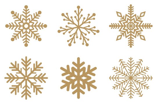Goldene Frostige Schneeflocken auf einem isolierten wei&szlig;en Hintergrund.