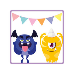 square frame with funny monsters and garlands hanging