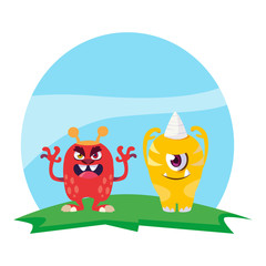 funny monsters couple in the field characters colorful