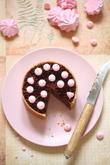 Chocolate Truffle Cake on a Graham Cracker Crust, decorated with pink meringue cookies, on a light background.