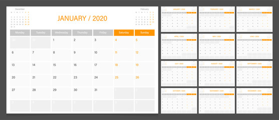 2020 calendar planner design template vector week start Monday.