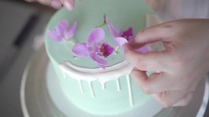 Confectioner neatly decorates turquoise wedding biscuit cake with pink orchid