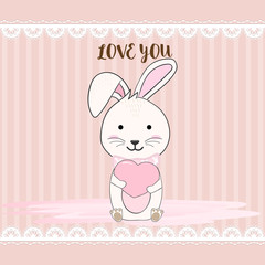 Cute  rabbit huging heart with lace and strips line animal cartoon