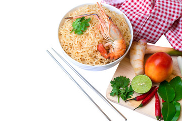 Close up Thai mama noodles  instant food  in white bowl and chopsticks. on White background. and  copy space