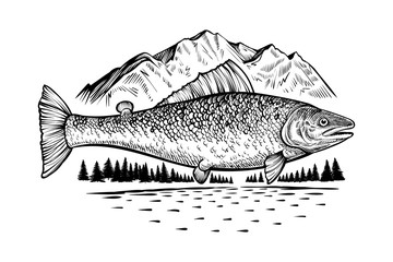 Salmon fish in wild nature. Vector engraving style drawing.