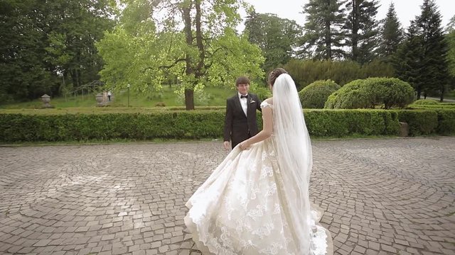 Newlyweds are walking in the park near the big castle. Beautiful bride with handsome groom