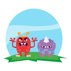 funny monsters couple in the field characters colorful