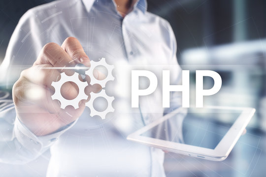 PHP, Web development concept on virtual screen.