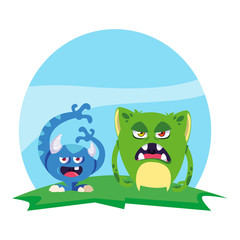 funny monsters couple in the field characters colorful