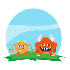 funny monsters couple in the field characters colorful