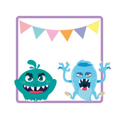 square frame with funny monsters and garlands hanging