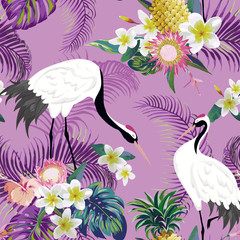 Naklejka premium Seamless Pattern with Japanese Cranes and Tropical Flowers, Retro Floral Background, Fashion Print, Birthday Japanese Decoration Set. Vector Illustration