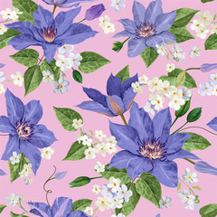 Watercolor Clematis Flowers. Floral Tropical Seamless Pattern for Wallpaper, Print, Fabric, Textile. Summer Background with Blooming Purple Flowers. Vector illustration