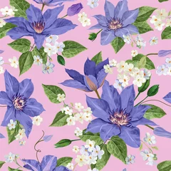 Behang Lichtroze Aquarel Clematis bloemen. Tropische naadloze bloemmotief voor behang, print, stof, textiel. Zomer achtergrond met bloeiende paarse bloemen. vector illustratie