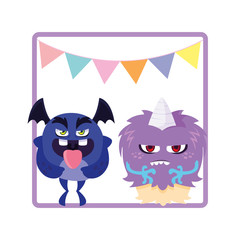 square frame with funny monsters and garlands hanging