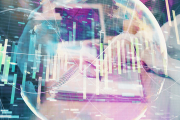 Fototapeta na wymiar International business hologram over woman's hands taking notes background. Concept of success. Double exposure