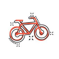 Fototapeta premium Bicycle sign icon in comic style. Bike vector cartoon illustration on white isolated background. Cycling business concept splash effect.