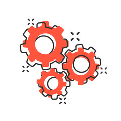 Gear vector icon in comic style. Cog wheel cartoon illustration on white background. Gearwheel cogwheel business concept splash effect.