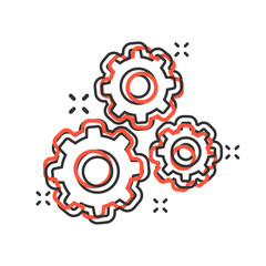Gear vector icon in comic style. Cog wheel cartoon illustration on white background. Gearwheel cogwheel business concept splash effect.