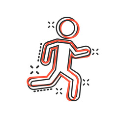Running people sign icon in comic style. Run silhouette vector cartoon illustration on white isolated background. Motion jogging business concept splash effect.