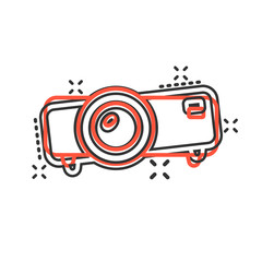 Video projector sign icon in comic style. Cinema presentation device vector cartoon illustration on white isolated background. Conference business concept splash effect.