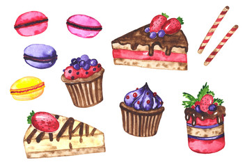 Watercolor set of tasty cakes. Sweet desserts. Cakes, cupcakes and other cute elements. Watercolor hand drawn  illustration