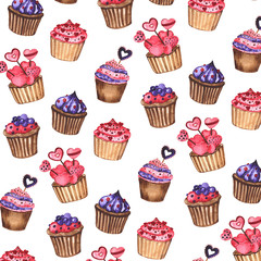 Watercolor set of tasty cupcakes. Sweet desserts. Seamless pattern. Watercolor hand drawn  illustration
