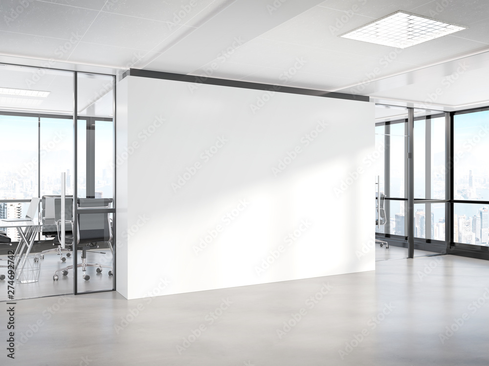 Poster blank white wall in concrete office with large windows mockup 3d rendering