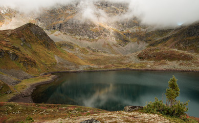 Misty morning. Morning at the lake. Trees on the river Bank on a foggy morning. Landscape. mountains
